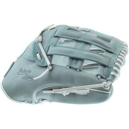 The Marucci Palmetto 78R3 12.75" Fastpitch Glove (MFG3PL78R3FP-GY) features light blue premium steerhide leather, white laces, teal stitching, basket-style webbing, and "Palmetto Series" embossed on the side.