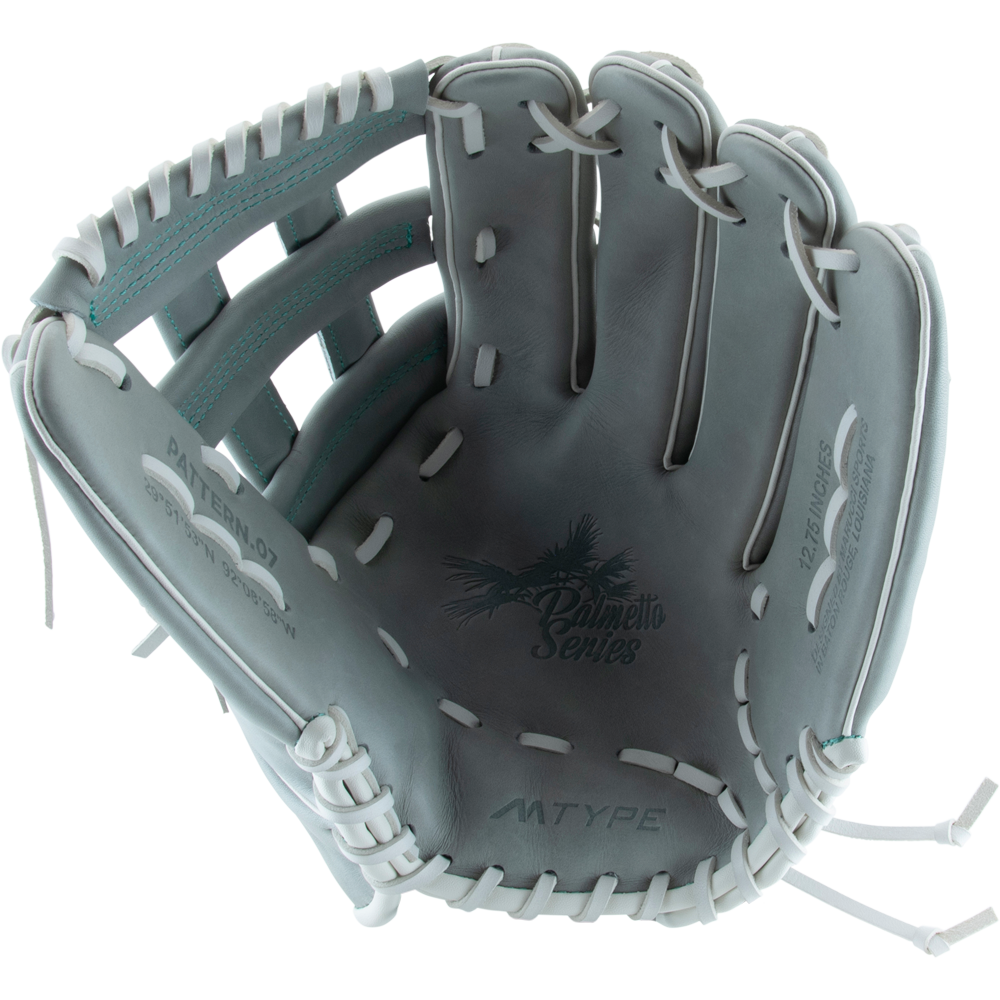 The Marucci Palmetto 78R3 12.75" Fastpitch Glove features gray and white steerhide leather, “Palmetto Series” and palm tree graphics, open webbing, and white laces; perfect for durability and style on the field.