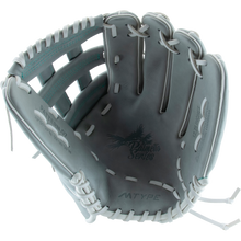 The Marucci Palmetto 78R3 12.75" Fastpitch Glove features gray and white steerhide leather, “Palmetto Series” and palm tree graphics, open webbing, and white laces; perfect for durability and style on the field.