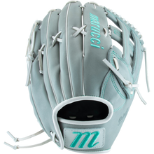 The Marucci Palmetto 78R3 12.75" Fastpitch Glove features premium steerhide leather in light gray with white laces, teal accents, an H-Web design, "Marucci" branding, and a stylized M logo on the wrist strap.