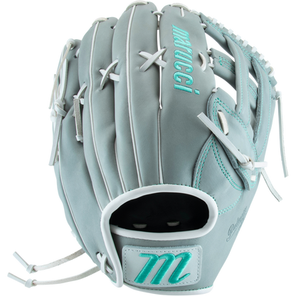 The Marucci Palmetto 78R3 12.75" Fastpitch Glove features premium steerhide leather in light gray with white laces, teal accents, an H-Web design, "Marucci" branding, and a stylized M logo on the wrist strap.
