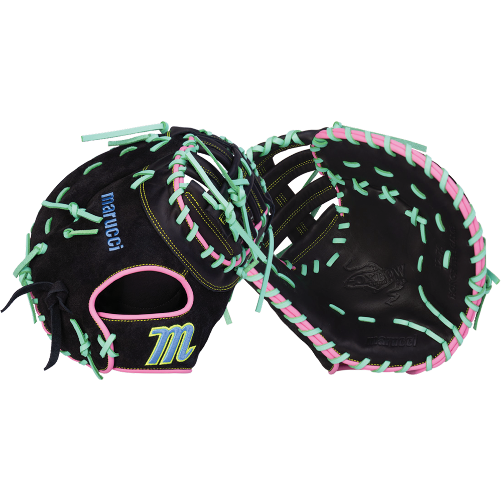 Two black Marucci baseball gloves with teal and pink laces are displayed; one shows the palm side and the other shows the back, featuring a blue marucci logo and a yellow M patch.