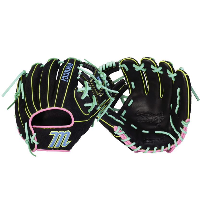 Two black Marucci Oxbow 43A2 11.5″ baseball gloves (model MFG4OX43A2-BK/RO) featuring pastel green laces, pink trim, and yellow accents. Constructed from full-grain cowhide leather for a professional-grade feel, each glove showcases the Marucci brand name and a stylized ‘M’ on the wrist area. One glove is displayed palm up and the other palm down.