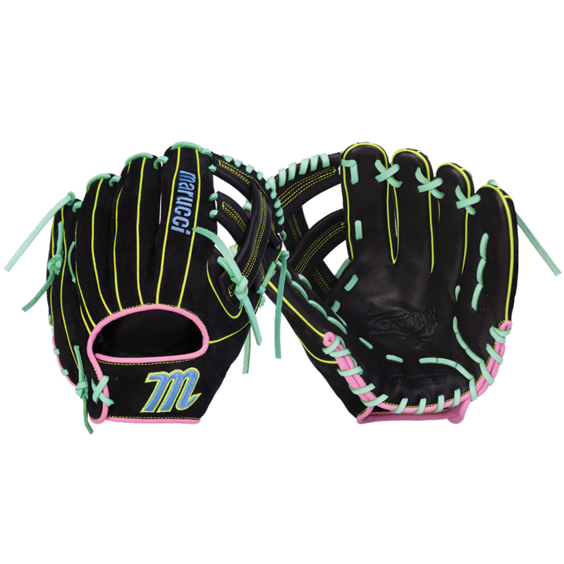 Two Marucci Oxbow 44A4 11.75″ baseball gloves in black, expertly crafted from professional-grade, full-grain cowhide leather and accented with pastel green, blue, and pink laces. One glove displays the palm side, while the other reveals the back featuring the Marucci logo and a yellow ‘M’ on the wrist.