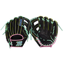 Two Marucci Oxbow 44A4 11.75″ baseball gloves in black, expertly crafted from professional-grade, full-grain cowhide leather and accented with pastel green, blue, and pink laces. One glove displays the palm side, while the other reveals the back featuring the Marucci logo and a yellow ‘M’ on the wrist.