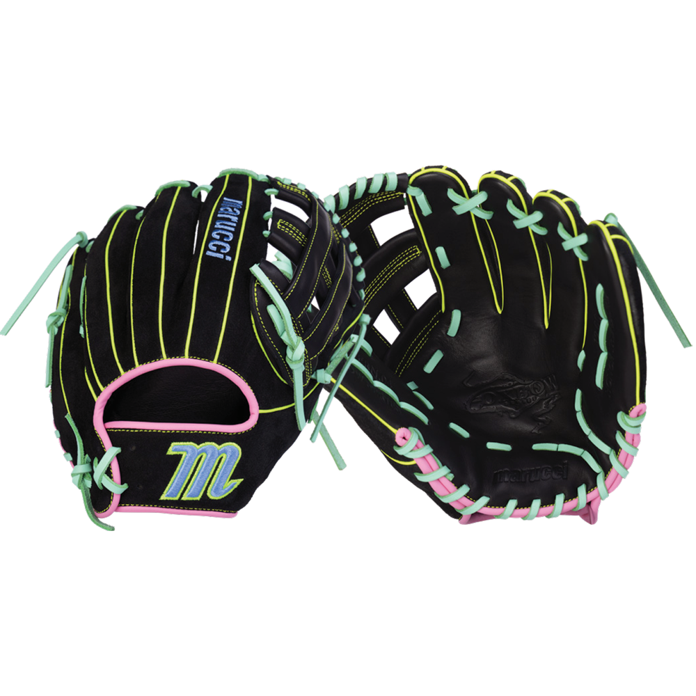Two black Marucci Oxbow 45A3 12″ baseball gloves made from full-grain cowhide leather, featuring pastel green laces, yellow stitching, and pink trim, are displayed with both front and back views. These professional-grade gloves showcase the Marucci logo and a turquoise “M” on the wrist strap.