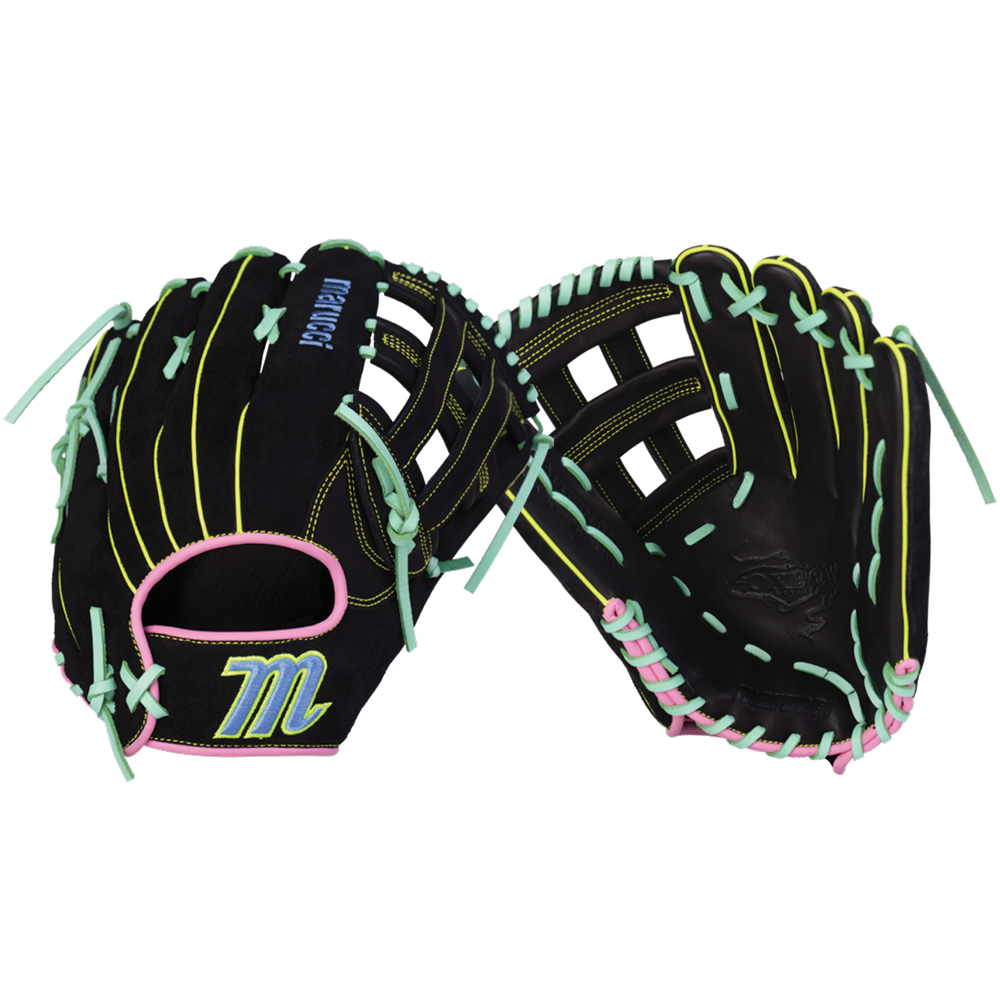 Two black Marucci Oxbow 78R3 12.75″ baseball gloves (model MFG4OX78R3-BK/RO), crafted from full-grain cowhide leather with pastel green, pink, and yellow laces, are displayed front and back. One glove showcases a blue embroidered M logo near the wrist opening—characteristic of this professional-grade Marucci model.