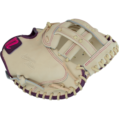 Experience top-tier performance and style with the Marucci Ascension 240C2 34″ Fastpitch Catcher’s Mitt: MFGASFP240C2-CM/PR by Marucci. This cream and purple catcher’s mitt features pink stitching, an open web reminiscent of an H-Web design, and “Signature Series” embossed on the leather. Crafted for fastpitch players, it offers a pro adjustable fit for enhanced comfort and control.