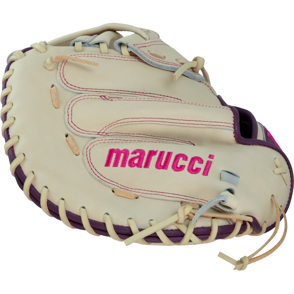 The Marucci Ascension 240C2 34″ Fastpitch Catcher’s Mitt (MFGASFP240C2-CM/PR) is a cream and purple H-Web glove featuring distinctive pink Marucci branding on the palm side, designed with a pro adjustable fit for optimal ball-catching performance.