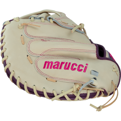 The Marucci Ascension 240C2 34″ Fastpitch Catcher’s Mitt (MFGASFP240C2-CM/PR) is a cream and purple H-Web glove featuring distinctive pink Marucci branding on the palm side, designed with a pro adjustable fit for optimal ball-catching performance.