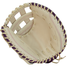 The Marucci Ascension 240C2 34″ Fastpitch Catcher’s Mitt (MFGASFP240C2-CM/PR) by Marucci showcases a tan and maroon color scheme with visible lacing and the HONOR THE GAME text stamped inside. This mitt features an H-Web construction, detailed stitching, ample padding, an open design, and a professional adjustable fit for catchers.
