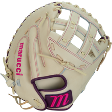 The Marucci Ascension 240C2 34″ Fastpitch Catcher’s Mitt (MFGASFP240C2-CM/PR) features a cream-colored design with pink and purple accents, an open H-Web, and “marucci” stitched in pink along the side, providing a pro adjustable fit for comfort and performance.
