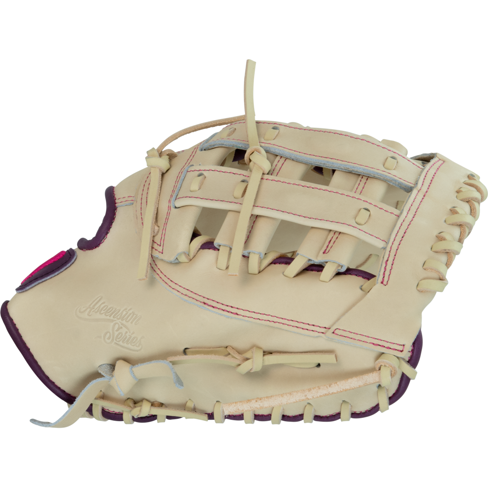 The Marucci Ascension 39S2 13″ Fastpitch First Base Mitt (MFGASFP39S2-CM/PR) showcases a tan steerhide shell with striking purple accents, visible laces, and the Series embossment on the palm. Featuring an H-Web design and displayed from the side, this Marucci glove is perfect for fastpitch softball glove enthusiasts.