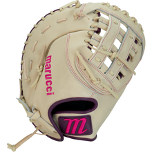The Marucci Ascension 39S2 13″ Fastpitch First Base Mitt (MFGASFP39S2-CM/PR) is a beige glove featuring a pink M on the wrist, “marucci” stitched on the thumb, durable steerhide shell leather, tan laces, and an H-Web design.