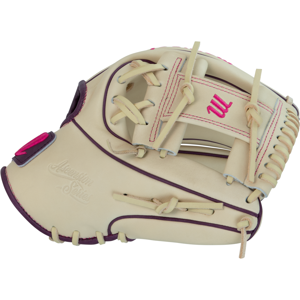 A cream-colored Marucci Ascension 44A2 11.75″ Fastpitch Glove (MFGASFP44A2-CM/PR) features bold purple and pink accents, intricate visible stitching and laces. The glove showcases the Marucci branding on the side, while a pink logo stands out on its I-Web pattern—making this stylish glove a functional choice for fastpitch players.