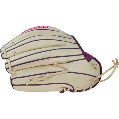 Presenting the Marucci Ascension 44A2 11.75″ Fastpitch Glove (MFGASFP44A2-CM/PR): a cream-colored infield glove designed with an I-Web, accented by purple laces and trim, and displayed in a side view highlighting the Marucci branding on the thumb—ideal for serious fastpitch players.