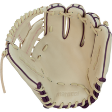 Crafted for performance and style, the Marucci Ascension 44A2 11.75″ Fastpitch Glove (MFGASFP44A2-CM/PR) features a tan leather design with purple lacing, an I-Web for infield play, and the Marucci name embossed on the palm.