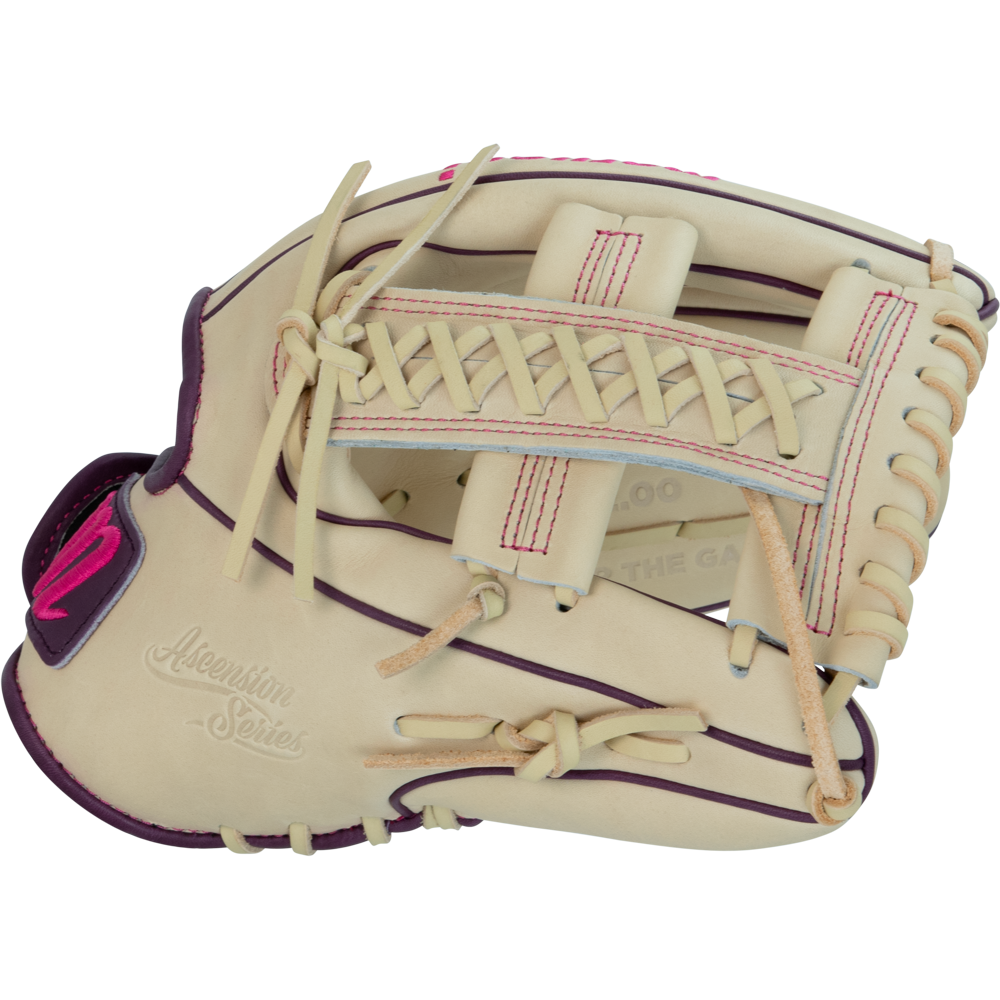 A tan and purple Marucci Ascension 45A5 12″ Fastpitch Glove (MFGASFP45A5-CM/PR) features pink stitching and is crafted from premium steerhide leather. This open glove showcases expertly designed laces and padding for catching softballs, while its adjustable fit ensures comfort and optimal performance.