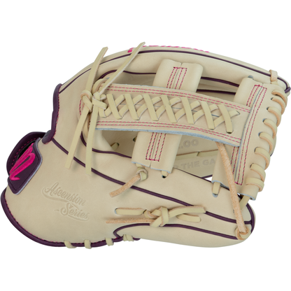 A tan and purple Marucci Ascension 45A5 12″ Fastpitch Glove (MFGASFP45A5-CM/PR) features pink stitching and is crafted from premium steerhide leather. This open glove showcases expertly designed laces and padding for catching softballs, while its adjustable fit ensures comfort and optimal performance.