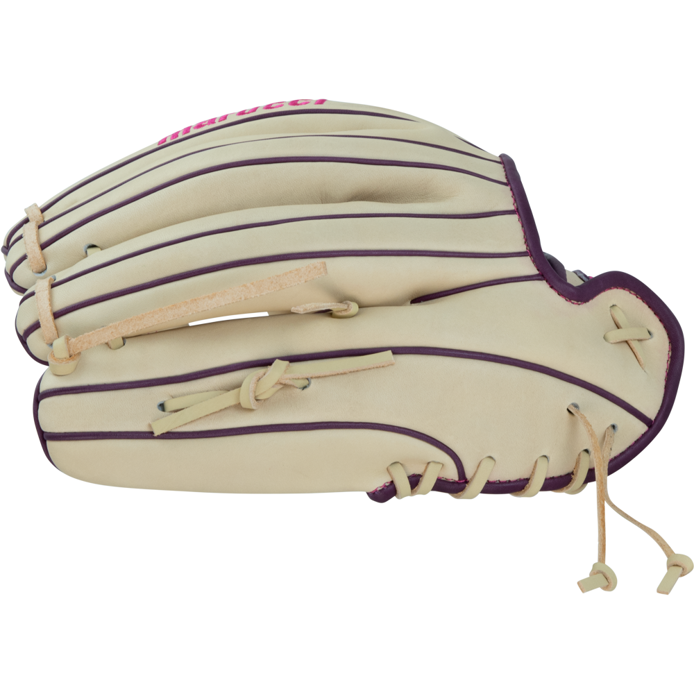 The Marucci Ascension 45A5 12″ Fastpitch Glove (MFGASFP45A5-CM/PR) by Marucci is crafted from premium cream-colored steerhide leather, accented with purple stitching and laces, and is shown flat against a white background.