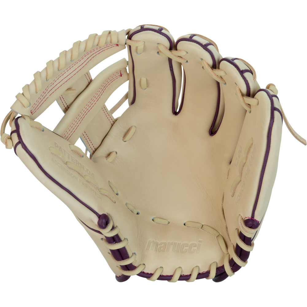 A Marucci Ascension 45A5 12″ Fastpitch Glove (MFGASFP45A5-CM/PR) made from tan steerhide leather with dark brown lacing is displayed open, showing the palm side up. The Marucci logo is embossed on the palm, and the glove features an adjustable fit for added comfort.