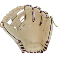 A Marucci Ascension 45A5 12″ Fastpitch Glove (MFGASFP45A5-CM/PR) made from tan steerhide leather with dark brown lacing is displayed open, showing the palm side up. The Marucci logo is embossed on the palm, and the glove features an adjustable fit for added comfort.