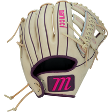 The Marucci Ascension 45A5 12″ Fastpitch Glove (MFGASFP45A5-CM/PR) is a cream-colored glove crafted from premium steerhide leather, with purple piping, tan laces, and “Marucci” alongside the M logo in pink. Designed for an adjustable fit, this fastpitch glove from Marucci is shown open from the back.