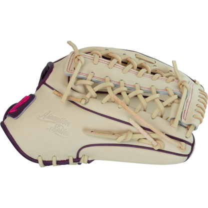 A cream-colored Marucci Ascension 97A6 12.5″ Fastpitch Glove (MFGASFP97A6-CM/PR), crafted from premium steerhide leather, features purple accents, tan laces, and the Alesmith Series logo embossed on the palm area.
