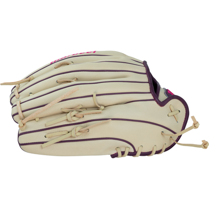 The Marucci Ascension 97A6 12.5″ Fastpitch Glove (model MFGASFP97A6-CM/PR) by Marucci is displayed from the side, lying flat on a white background. Crafted from premium steerhide leather in beige, it features purple trim and laces, along with a closed T-Web design.