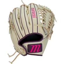 The Marucci Ascension 97A6 12.5″ Fastpitch Glove (MFGASFP97A6-CM/PR) is a tan glove crafted from premium steerhide leather, highlighted by purple stitching, pink Marucci text on the back, and a pink M logo near the wrist strap. This glove features a laced web design inspired by a T-Web for enhanced durability and style.