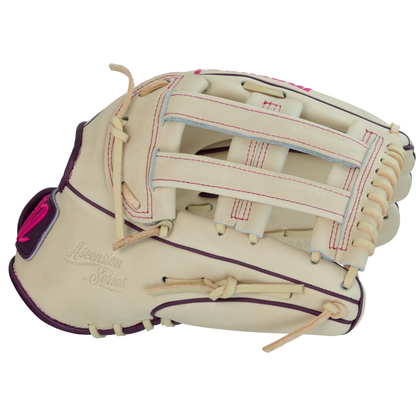 A light tan Marucci Ascension 98R3 12.75″ Fastpitch Glove (MFGASFP98R3-CM/PR) with pink and purple accents, featuring a woven H-Web and cream-colored laces. Crafted from premium steerhide leather, this glove has “Ascension Series” embossed on the side.