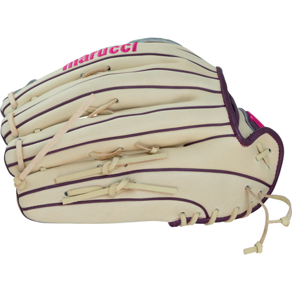Certainly! Here’s a rewritten version using your product data: The Marucci Ascension 98R3 12.75″ Fastpitch Glove (MFGASFP98R3-CM/PR) showcases a cream-colored premium steerhide leather construction with striking dark purple piping and laces. Featuring the Marucci brand name in pink on top, this H-Web glove combines superior durability with bold, standout style for fastpitch players.