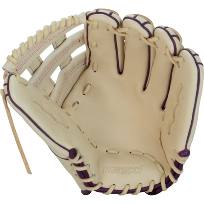 A Marucci Ascension 98R3 12.75″ Fastpitch Glove (MFGASFP98R3-CM/PR) in tan with purple laces is crafted from premium steerhide leather and features a 12.75″ H-Web, shown here from the palm side with the Marucci brand name embossed on the palm.