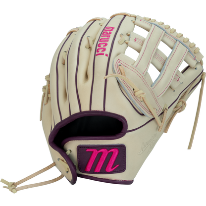 Introducing the Marucci Ascension 98R3 12.75″ Fastpitch Glove (MFGASFP98R3-CM/PR), a cream-colored mitt crafted from premium steerhide leather. This glove by Marucci features purple and pink accents, tan laces, and a distinctive open H-Web design, complete with Marucci branding and a stylized M logo.