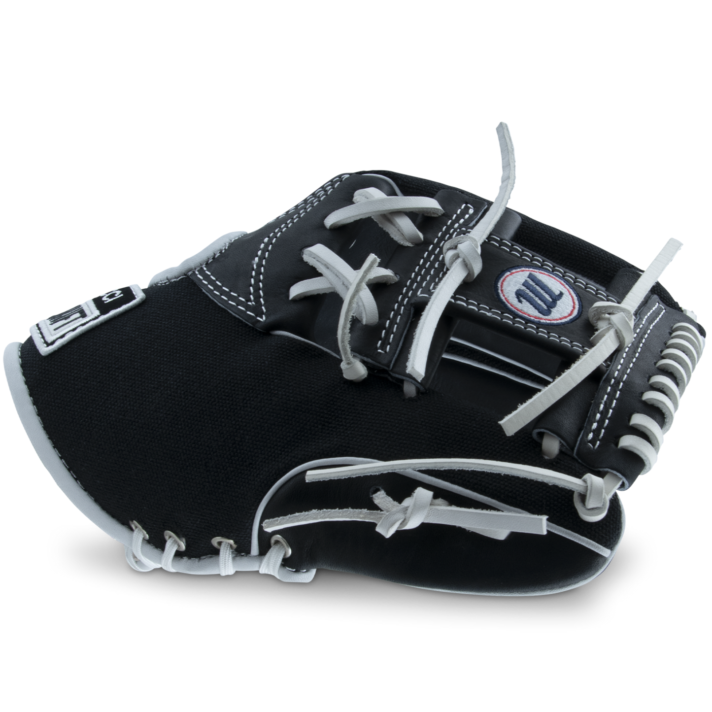 The Marucci NightShift CHUCK T 11.5" Baseball Glove (MFGNTSHFT-0103) features a black and white design with white laces and detailed stitching, displayed on a plain light background.