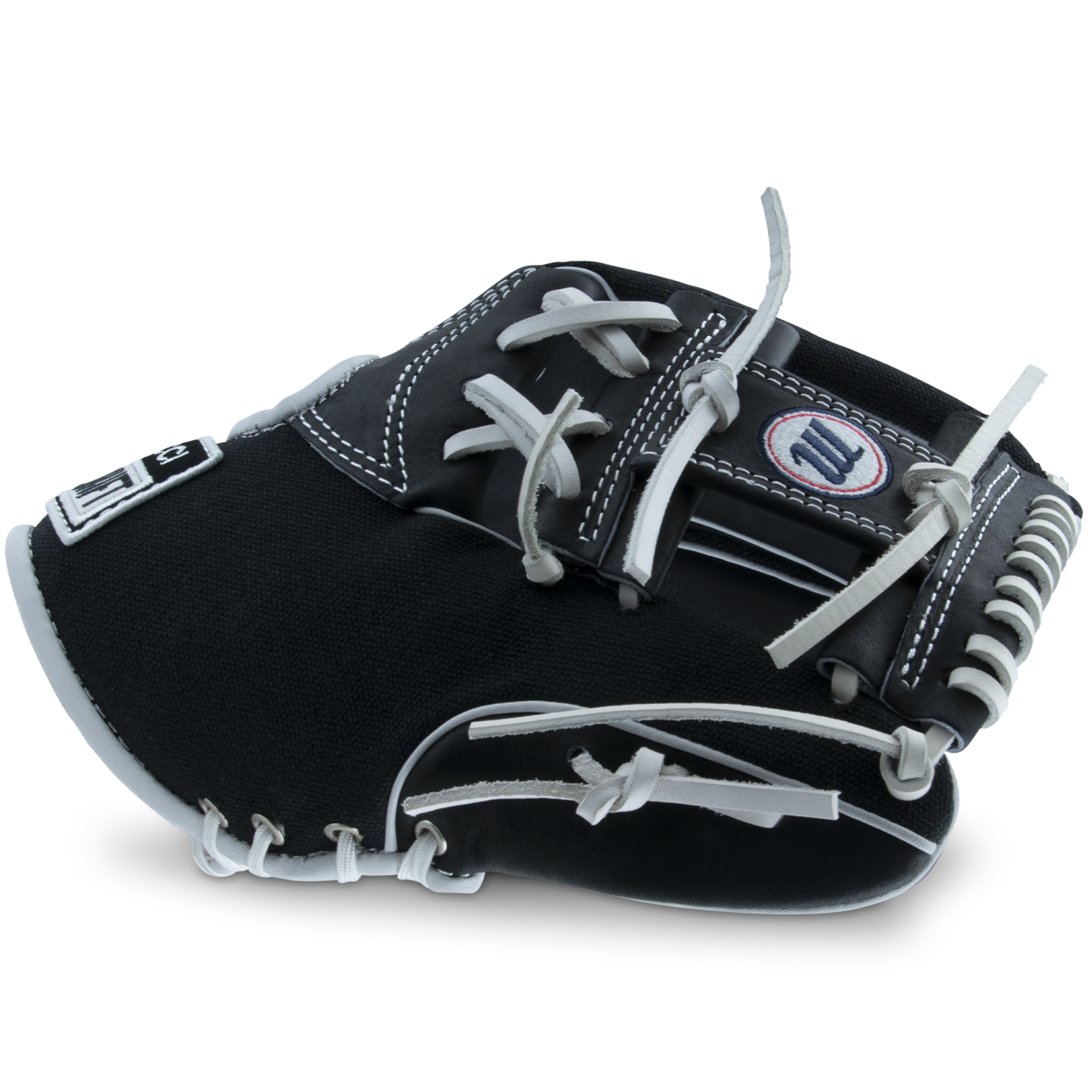 The Marucci NightShift CHUCK T 11.5" Baseball Glove (MFGNTSHFT-0103) features a black and white design with white laces and detailed stitching, displayed on a plain light background.