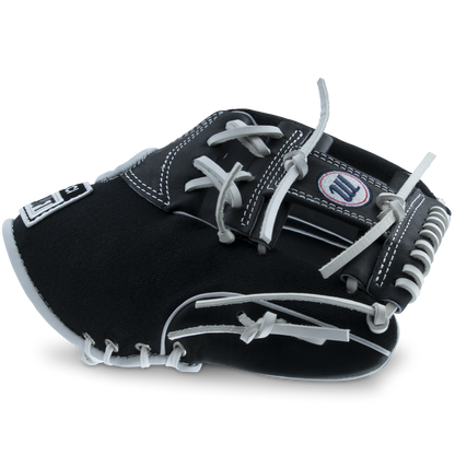 The Marucci NightShift CHUCK T 11.5" Baseball Glove (MFGNTSHFT-0103) features a black and white design with white laces and detailed stitching, displayed on a plain light background.