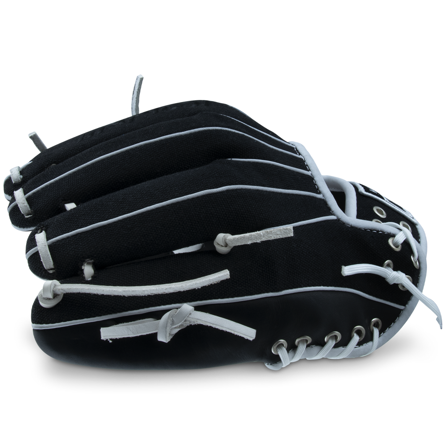 The Marucci NightShift CHUCK T 11.5" Baseball Glove (MFGNTSHFT-0103), in black with white laces and stitching, is displayed from a side angle against a plain, light background.