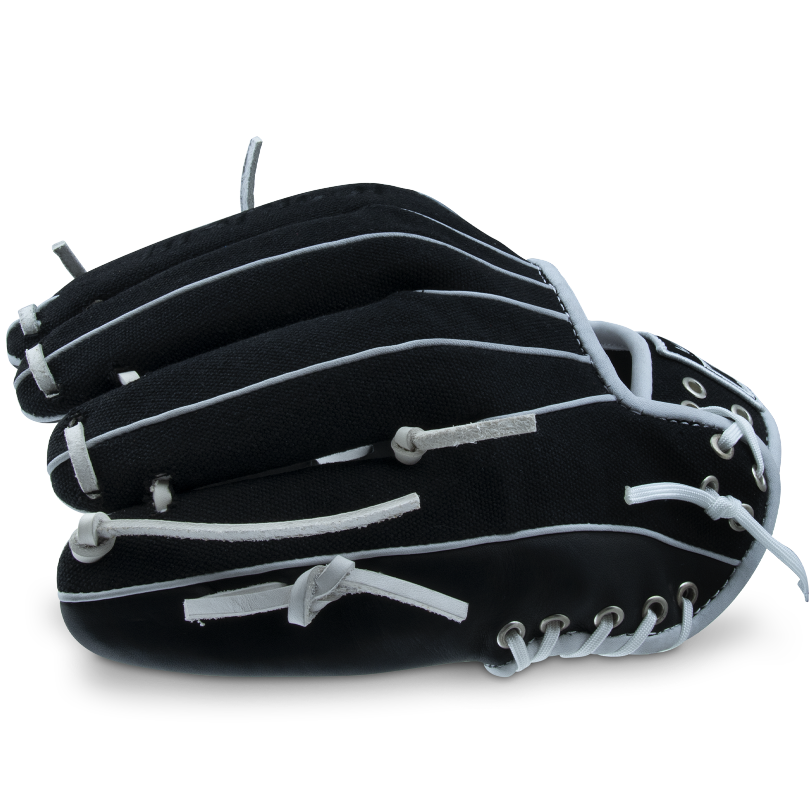 The Marucci NightShift CHUCK T 11.5" Baseball Glove (MFGNTSHFT-0103), in black with white laces and stitching, is displayed from a side angle against a plain, light background.