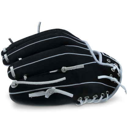 The Marucci NightShift CHUCK T 11.5" Baseball Glove (MFGNTSHFT-0103), in black with white laces and stitching, is displayed from a side angle against a plain, light background.