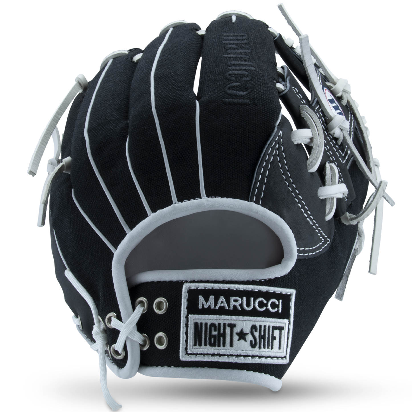 The Marucci NightShift CHUCK T 11.5" Baseball Glove (MFGNTSHFT-0103), with white laces and stitching plus MARUCCI and NIGHT SHIFT patches on the wrist, is shown against a plain white background—a standout for any Glove Cowboy’s collection.