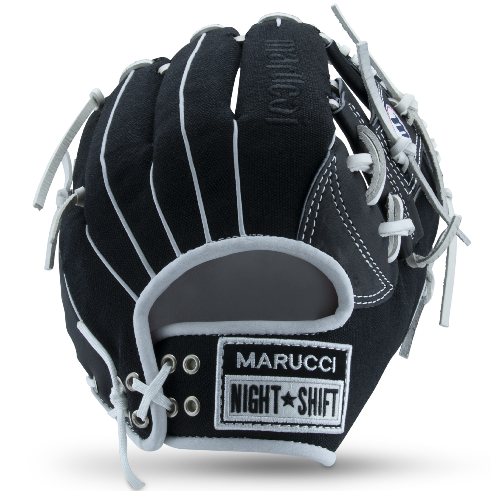 The Marucci NightShift CHUCK T 11.5" Baseball Glove (MFGNTSHFT-0103), with white laces and stitching plus MARUCCI and NIGHT SHIFT patches on the wrist, is shown against a plain white background—a standout for any Glove Cowboy’s collection.