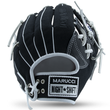 The Marucci NightShift CHUCK T 11.5" Baseball Glove (MFGNTSHFT-0103), with white laces and stitching plus MARUCCI and NIGHT SHIFT patches on the wrist, is shown against a plain white background—a standout for any Glove Cowboy’s collection.