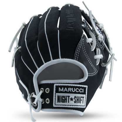 The Marucci NightShift CHUCK T 11.5" Baseball Glove (MFGNTSHFT-0103), with white laces and stitching plus MARUCCI and NIGHT SHIFT patches on the wrist, is shown against a plain white background—a standout for any Glove Cowboy’s collection.