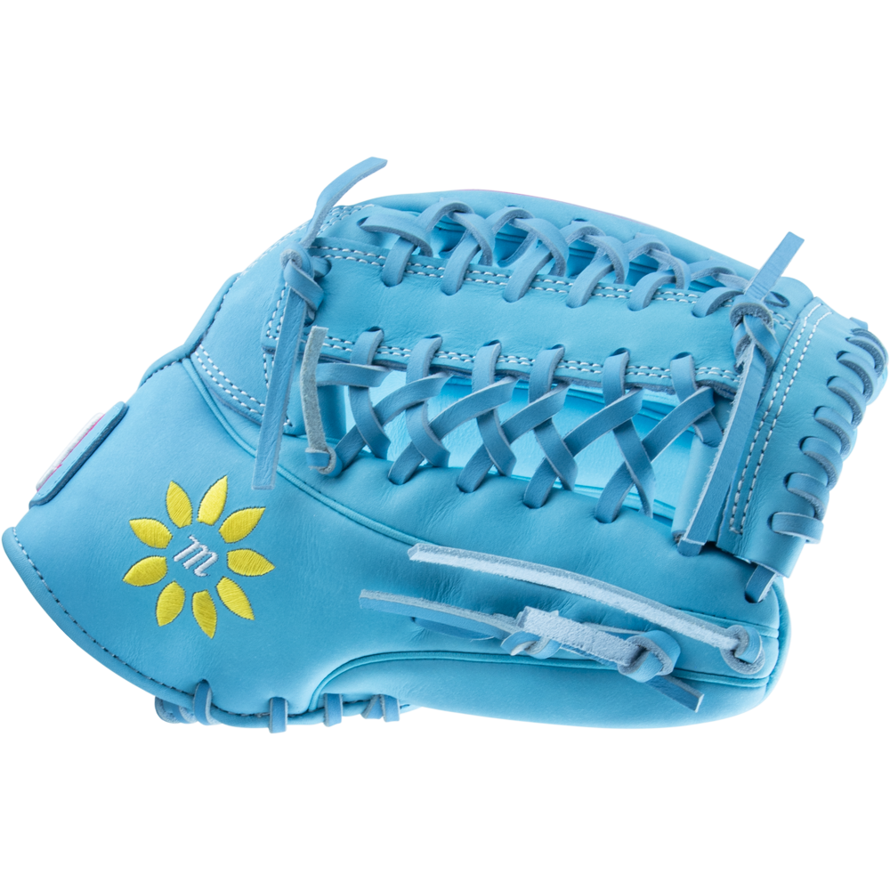 The Marucci NightShift Lorenz 12.5″ Fastpitch Glove: MFGNTSHFT-0305 features light blue Japanese Kip leather, matching lacing, and a yellow sunflower design with a small m at the center.