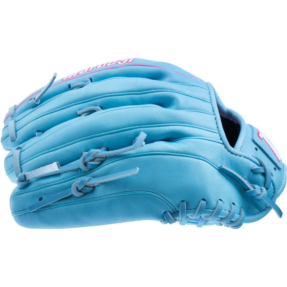 The Marucci NightShift Lorenz 12.5″ Fastpitch Glove: MFGNTSHFT-0305 features light blue Japanese Kip leather with white and pink accents, displayed from the side on a plain white background.
