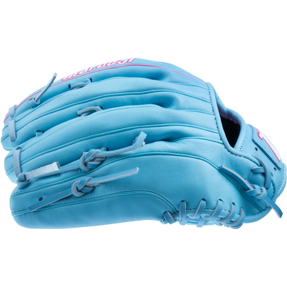 The Marucci NightShift Lorenz 12.5″ Fastpitch Glove: MFGNTSHFT-0305 features light blue Japanese Kip leather with white and pink accents, displayed from the side on a plain white background.