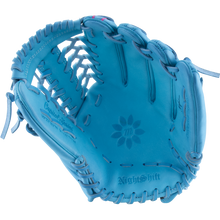 A light blue Marucci NightShift Lorenz 12.5″ Fastpitch Glove: MFGNTSHFT-0305 with dark blue stitching, open and facing up. Made from Japanese Kip leather, it has a floral design and NightShift Signature Series embossed.