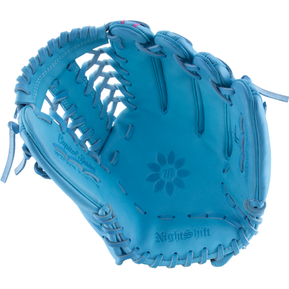 A light blue Marucci NightShift Lorenz 12.5″ Fastpitch Glove: MFGNTSHFT-0305 with dark blue stitching, open and facing up. Made from Japanese Kip leather, it has a floral design and NightShift Signature Series embossed.