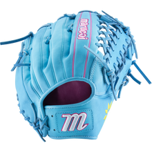 The Marucci NightShift Lorenz 12.5″ Fastpitch Glove: MFGNTSHFT-0305 is light blue Japanese Kip leather with pink/white stitching, marucci, an M on the back, and a yellow sun motif on the thumb.
